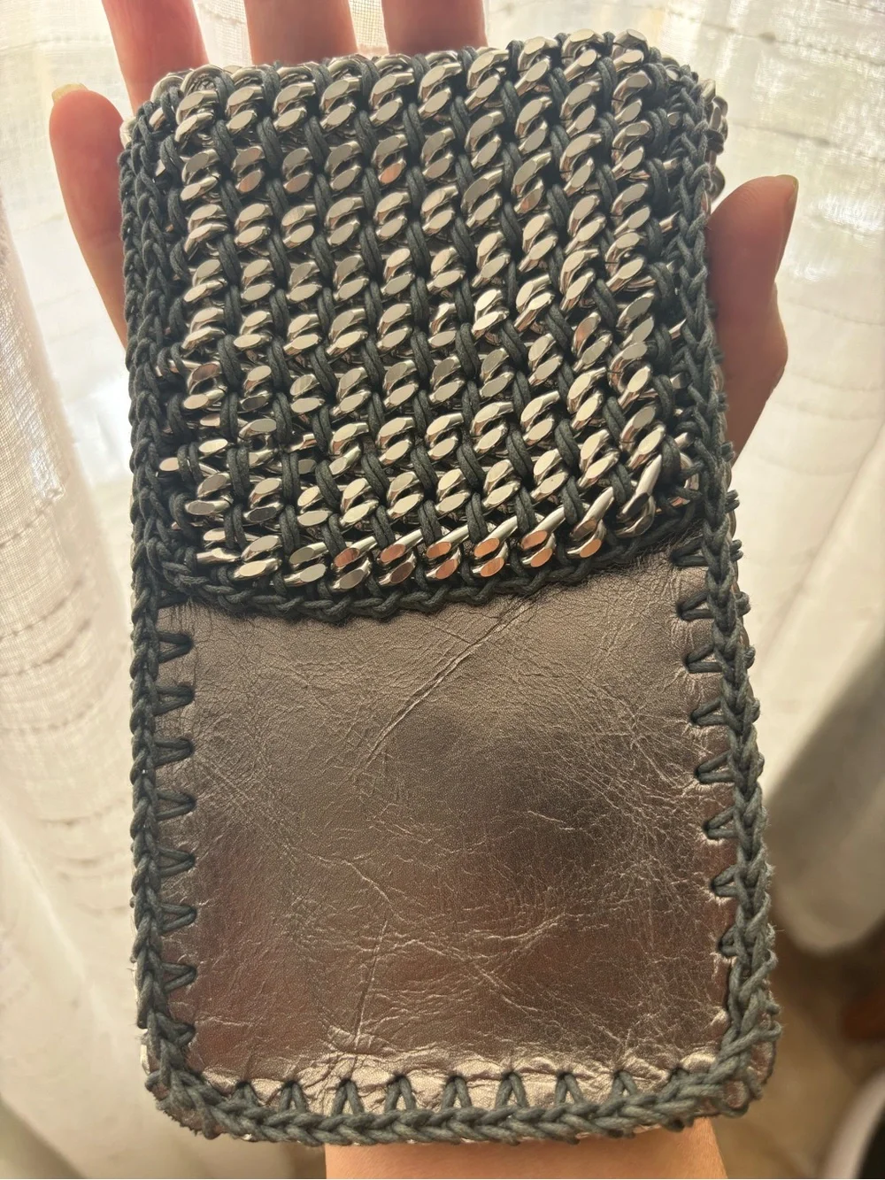 Chain-Trim Metallic Crochet Phone Bag